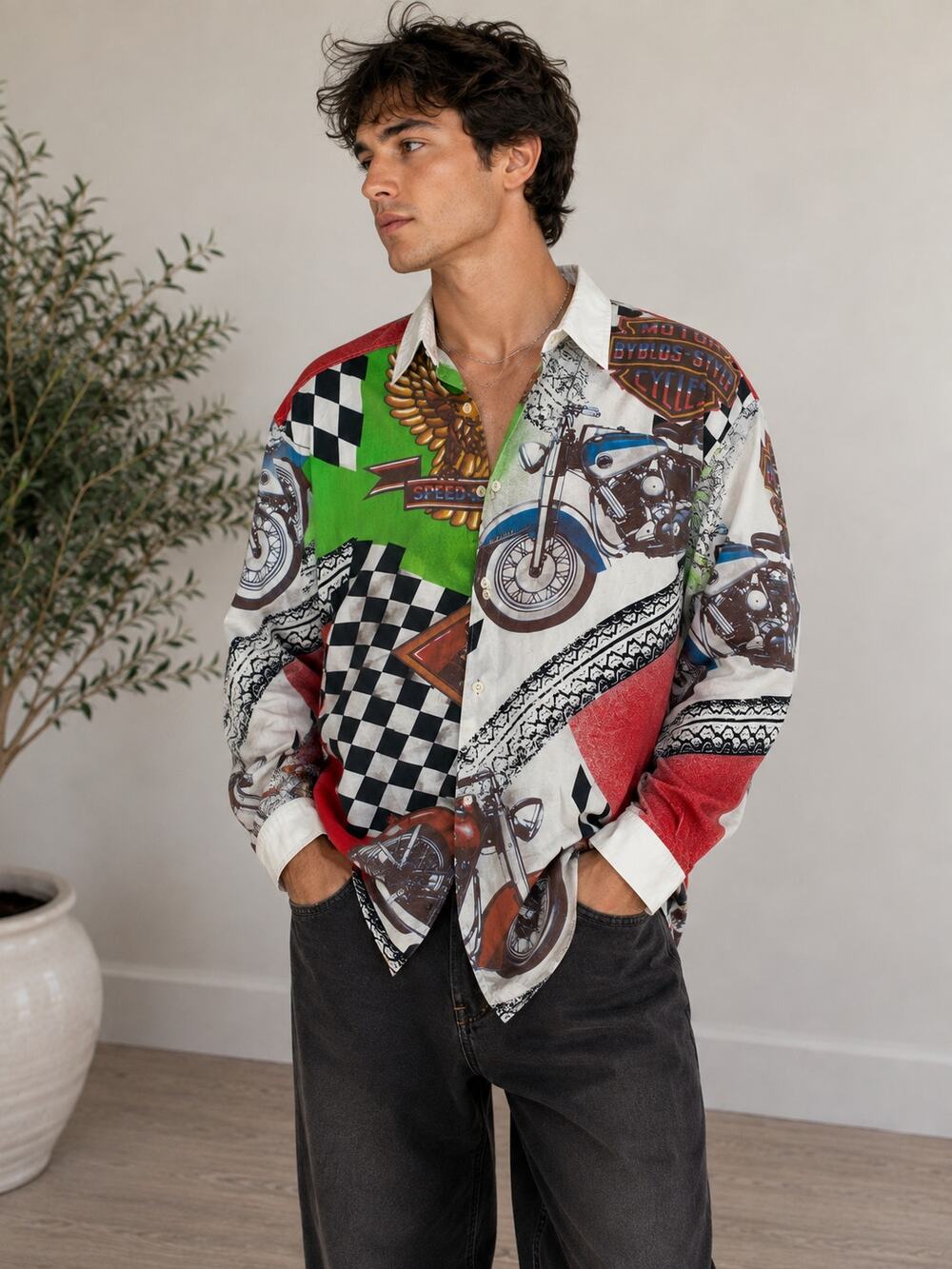 Vintage 90s Byblos Made in Italy Motorcycle Graphic Shirt Mens XL Colorblock